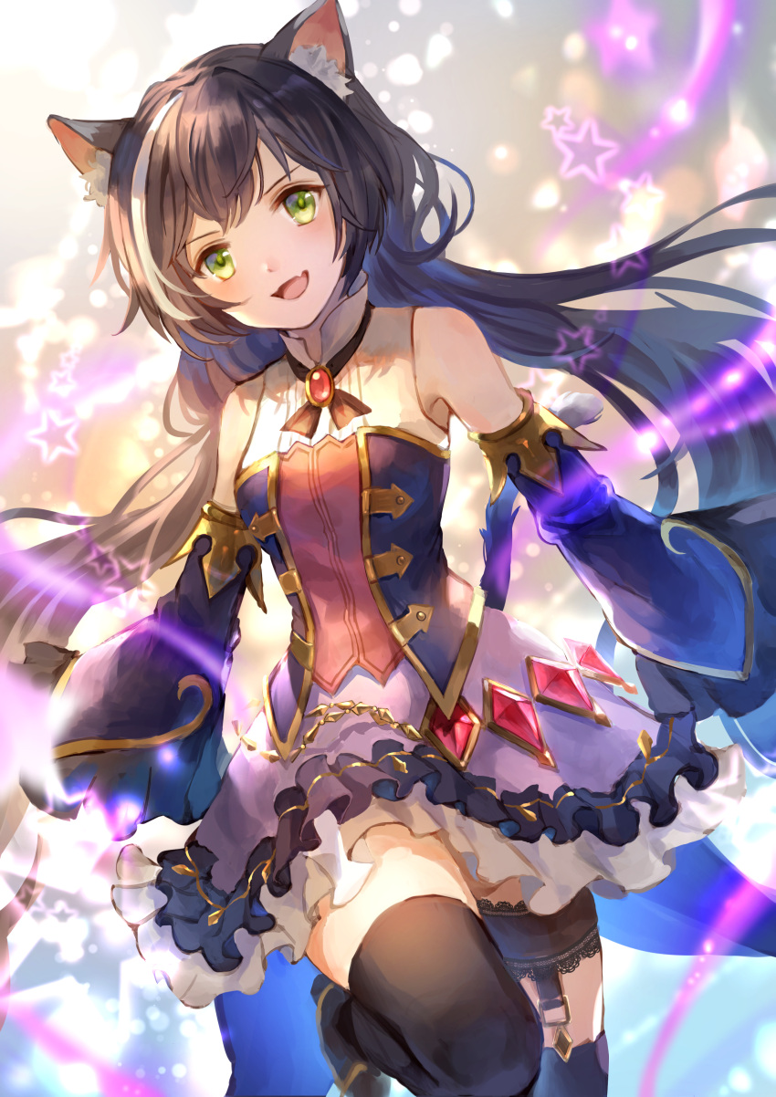 1girl, absurdres, animal_ear_fluff, animal_ears, bangs, bare_shoulders, black_hair, black_legwear