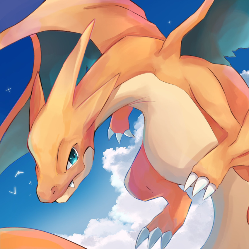 bird, charizard, claws, closed_mouth, clouds, commentary_request, day, fang