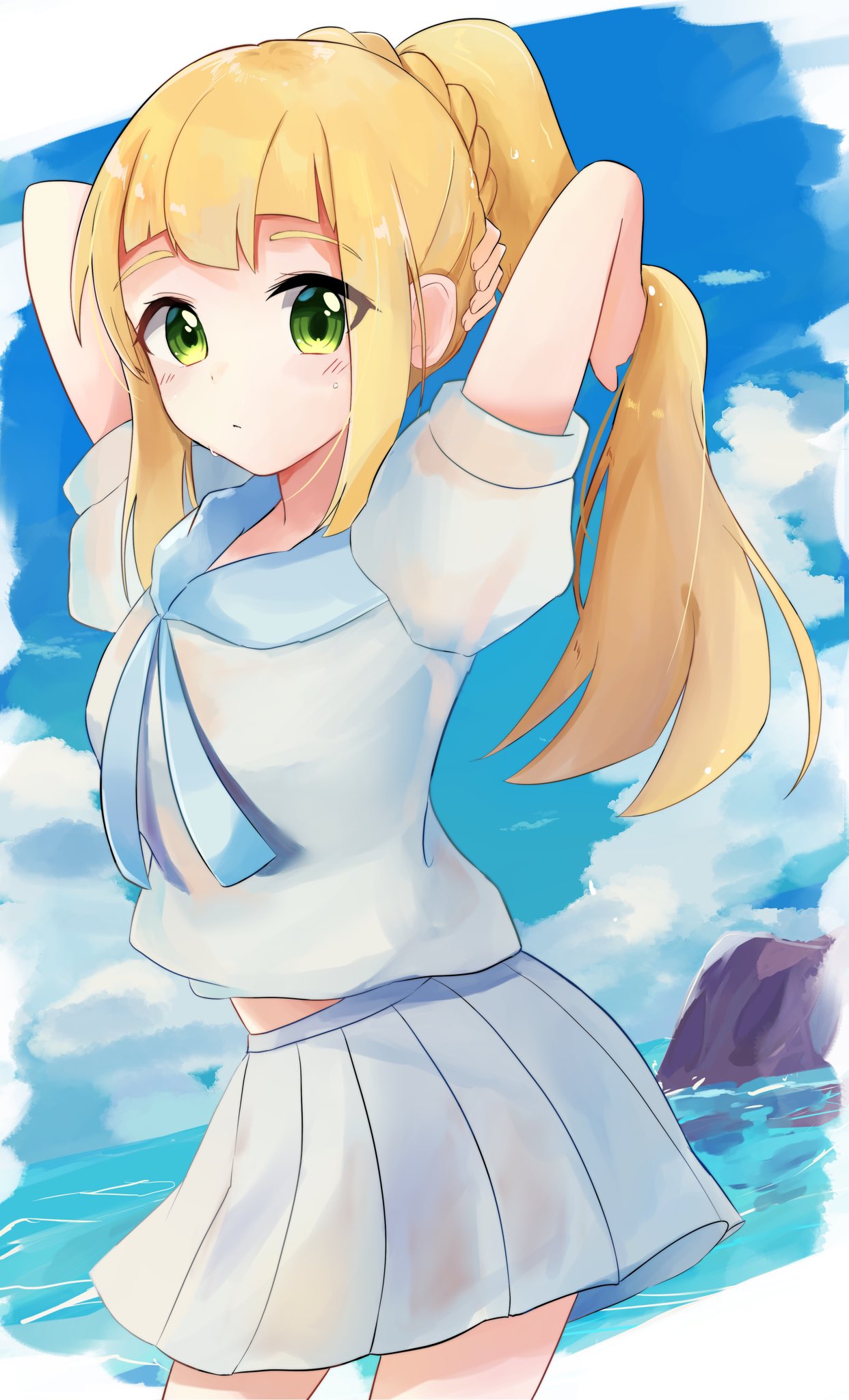 1girl, bangs, blonde_hair, blush, braid, closed_mouth, clouds, commentary_request