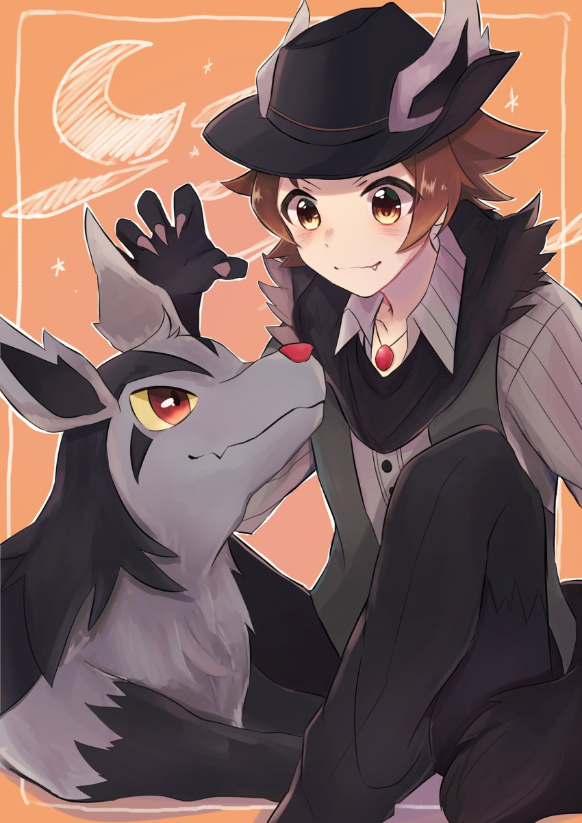 1boy, black_headwear, black_pants, blush, brown_eyes, brown_hair, buttons, claw_pose