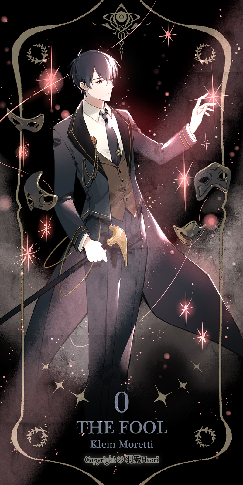 1boy, baton, black_hair, black_neckwear, black_suit, brown_eyes, f.l.c., highres