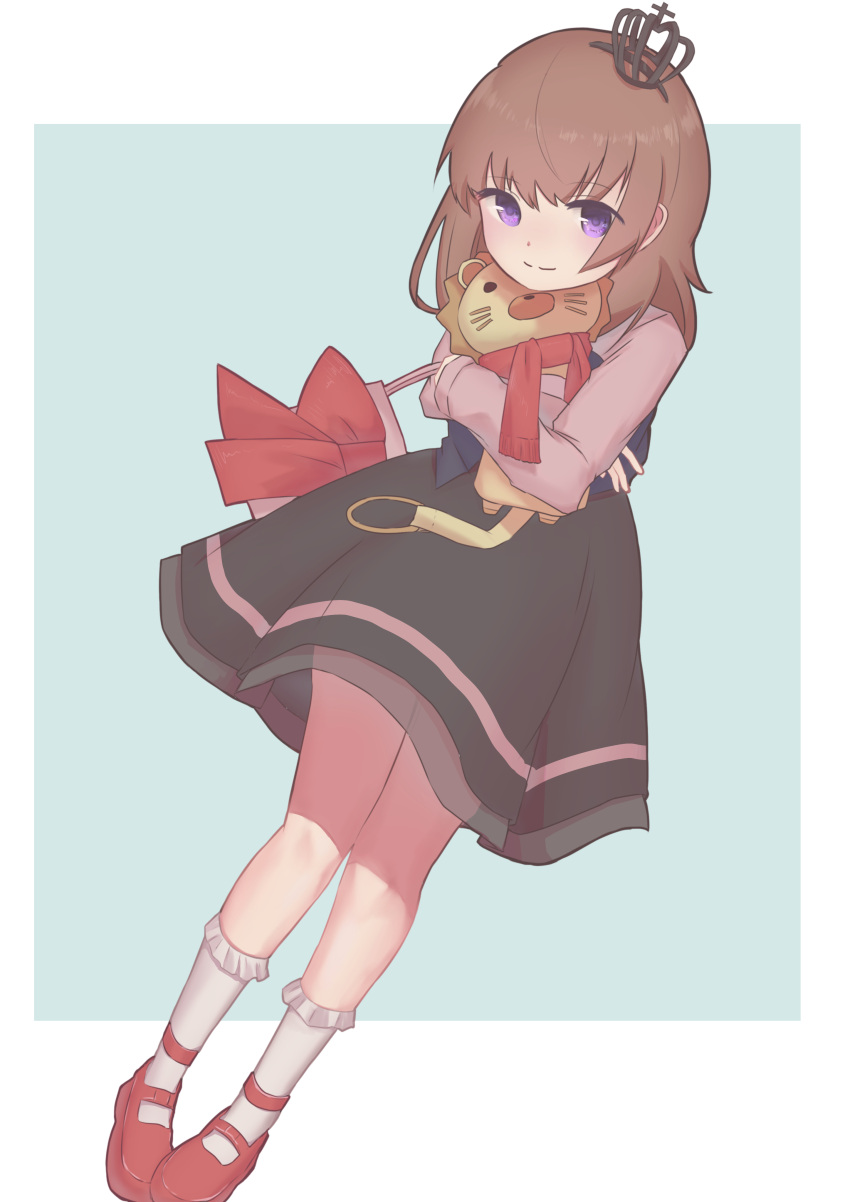 absurdres, black_skirt, brown_hair, closed_mouth, crown_hair_ornament, highres, holding, holding_stuffed_toy, long_sleeves, mary_janes, medium_hair, minakamimura, pink_bag, red_footwear, red_ribbon, red_scarf, ribbon, sakutarou_(umineko), scarf, shoes, skirt, smile, stuffed_animal, stuffed_lion, stuffed_toy, umineko_no_naku_koro_ni, ushiromiya_maria, violet_eyes, white_legwear