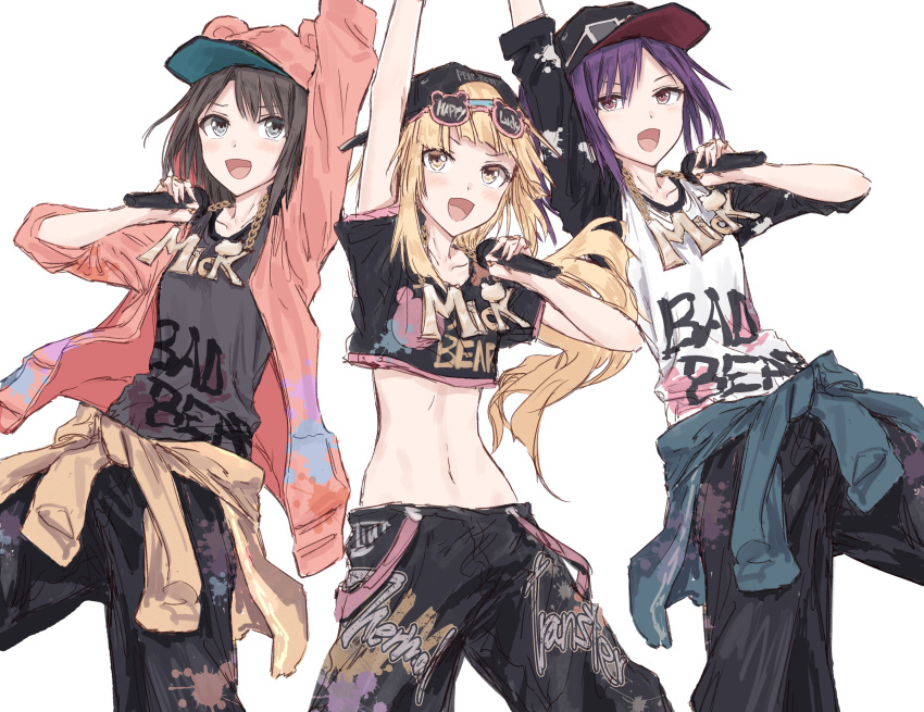 3girls, :d, animal_hood, arm_up, backwards_hat, bang_dream!, bangs, baseball_cap