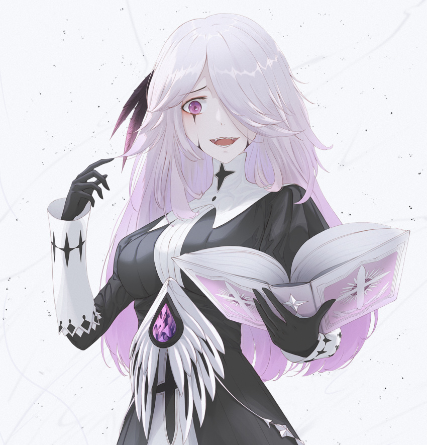 1girl, allta, bangs, black_dress, black_gloves, black_survival, book, breasts, chiara_(black_survival), commentary, dress, facial_mark, fangs, gem, gloves, hair_over_one_eye, highres, holding, holding_book, juliet_sleeves, long_hair, long_sleeves, looking_at_viewer, medium_breasts, open_book, open_mouth, puffy_sleeves, simple_background, solo, teeth, violet_eyes
