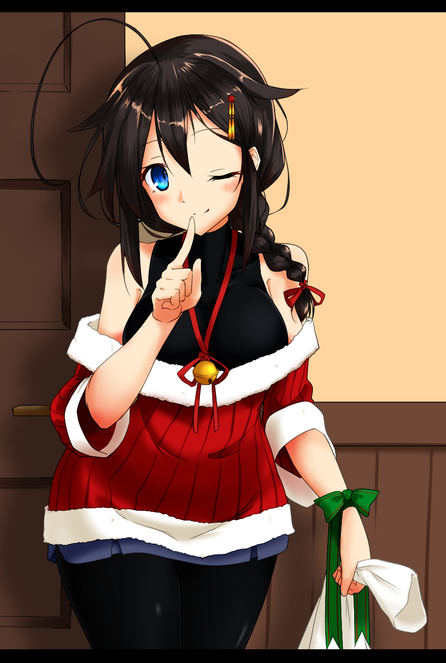 1girl, ahoge, alternate_costume, black_hair, black_legwear, black_shirt, blue_eyes, blue_skirt