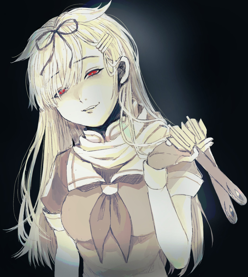 1girl, bangs, breasts, fingerless_gloves, gloves, greyscale, grin, hagioshi