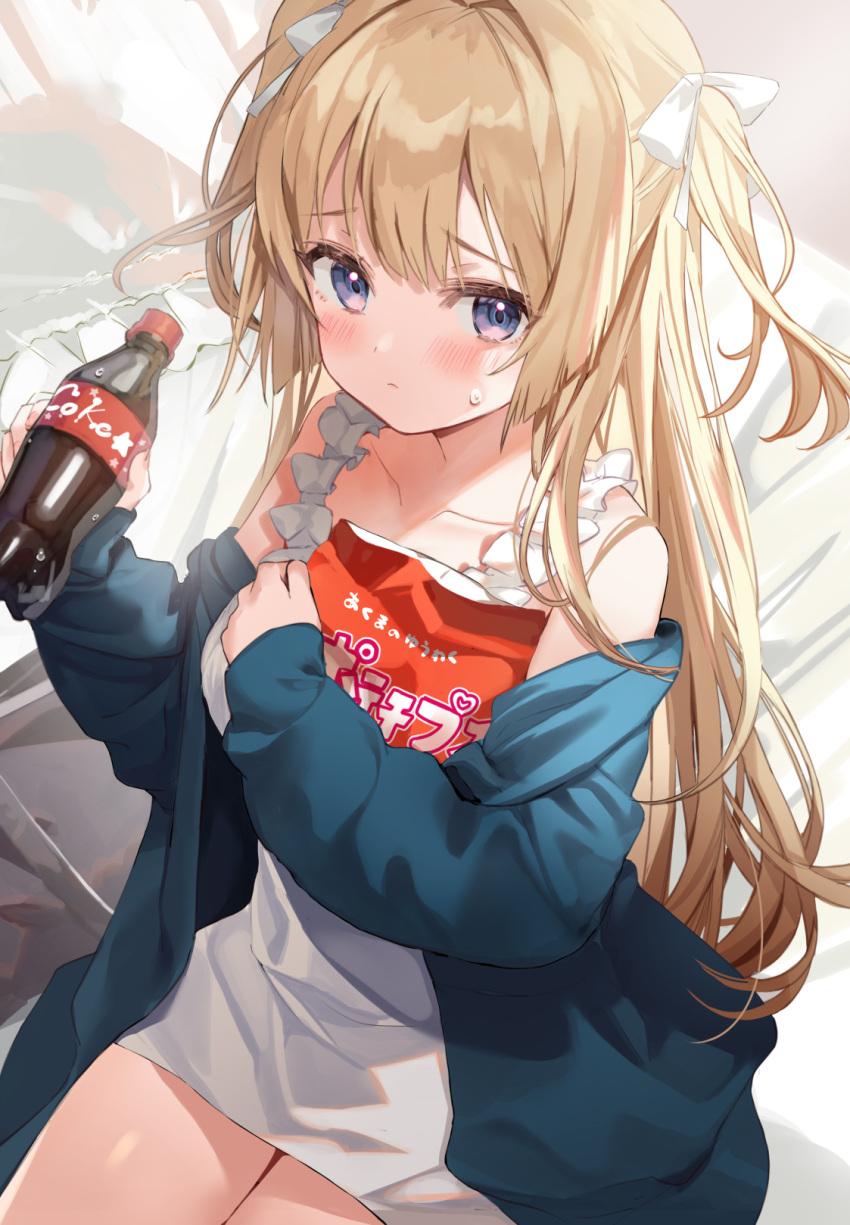 1girl, bag_of_chips, bangs, bare_shoulders, blue_jacket, blurry, blurry_background, blush