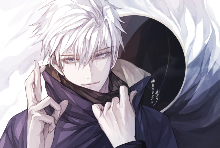 1boy, bangs, bebseo, black_jacket, blindfold, blindfold_down, blue_eyes, closed_mouth