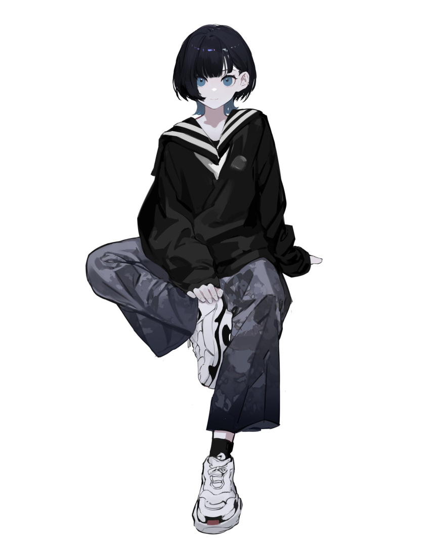 1girl, black_hair, black_shirt, blue_eyes, blue_pants, full_body, highres, iris_(user_pskd5754)