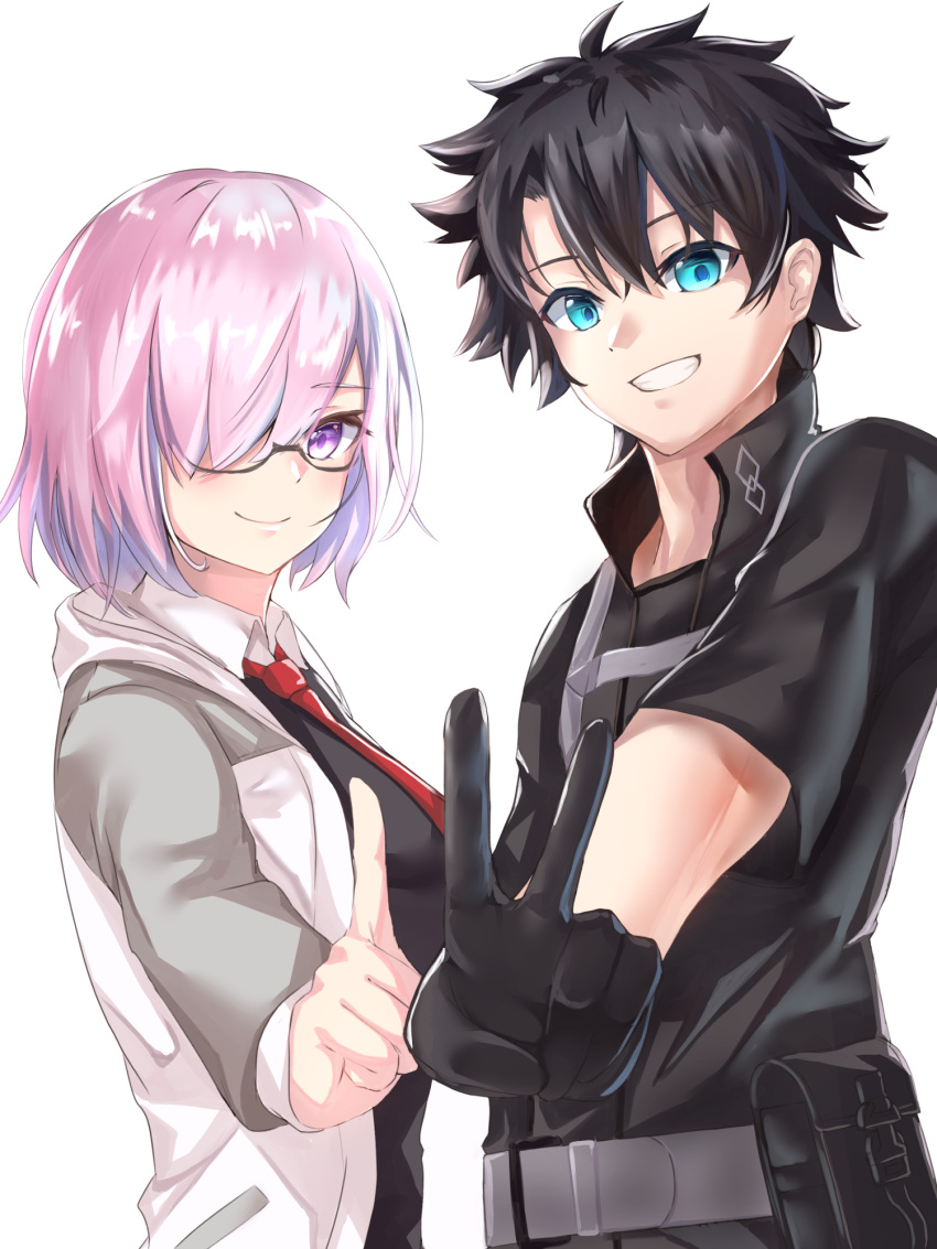 1boy, 1girl, black-framed_eyewear, black_gloves, black_hair, black_jacket, black_shirt, blue_eyes