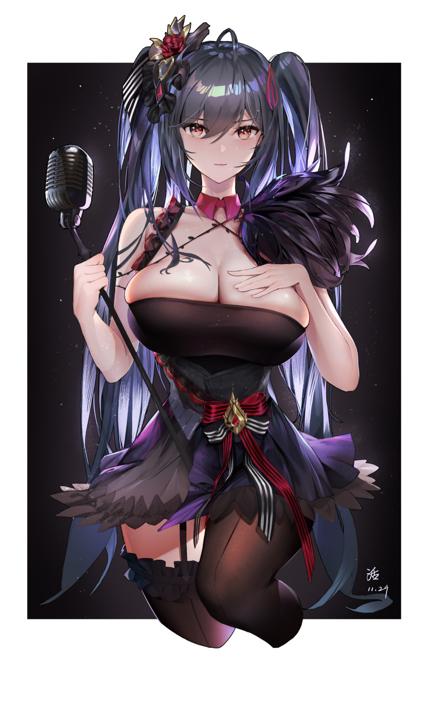 1girl, absurdres, artist_request, asymmetrical_legwear, azur_lane, black_hair, breasts, bursting_breasts