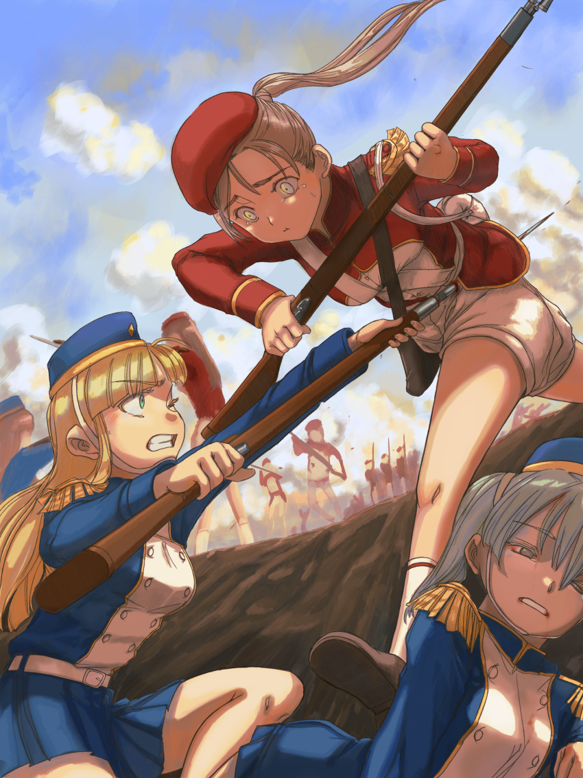 6+girls, absurdres, bayonet, beret, blonde_hair, blood, brown_hair, clenched_teeth