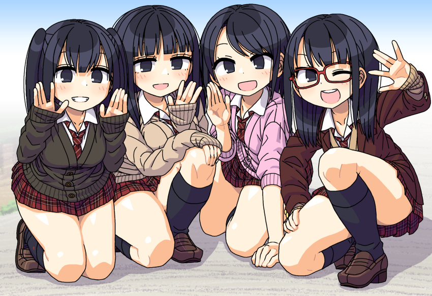 4girls, :d, black_eyes, black_hair, black_legwear, blazer, cardigan, glasses