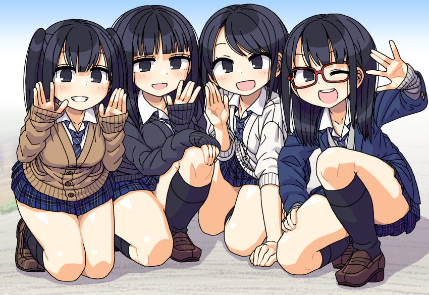4girls, :d, black_eyes, black_hair, black_legwear, blazer, cardigan, glasses