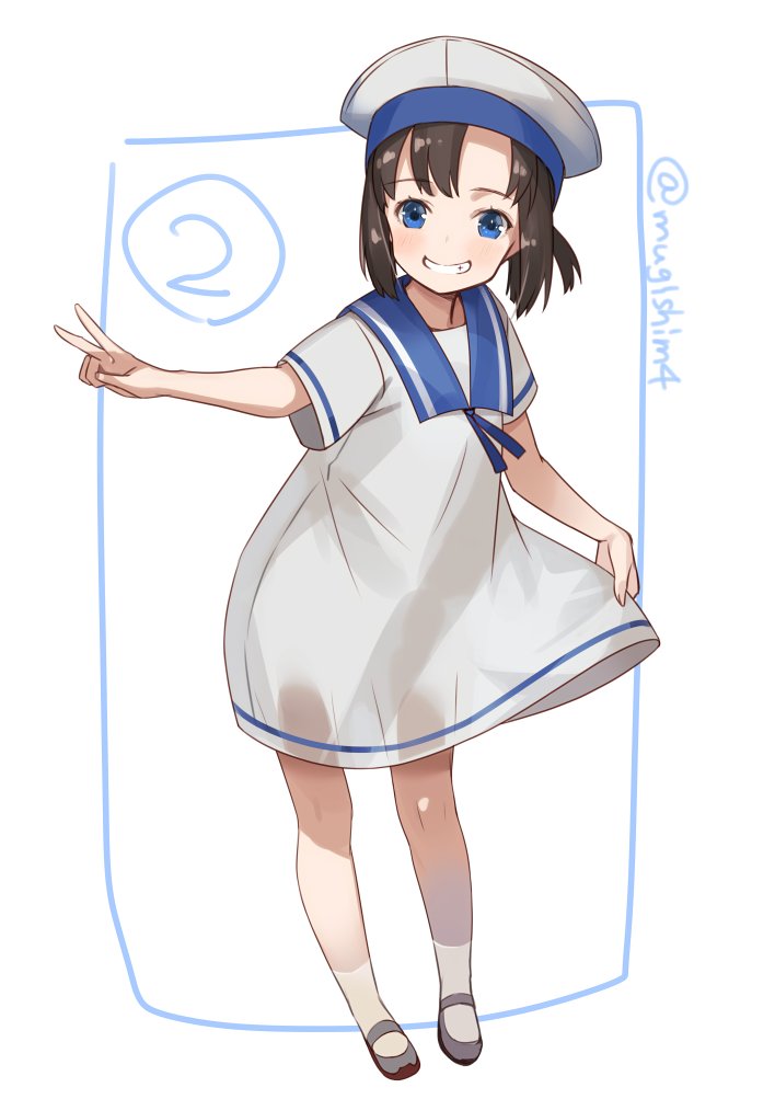 1girl, black_hair, blue_eyes, blue_sailor_collar, bob_cut, commentary_request, daitou_(kantai_collection), dress