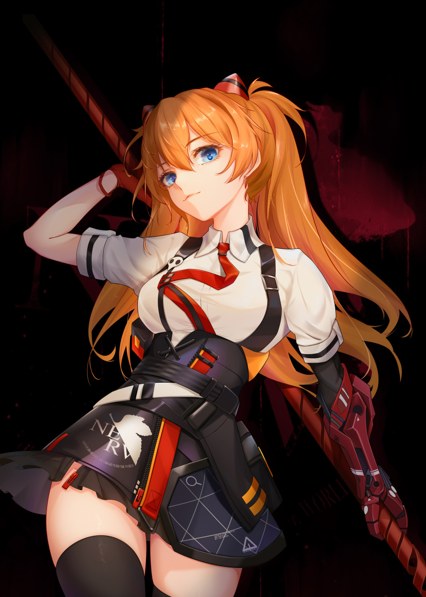 1girl, absurdres, arm_up, bangs, black_legwear, black_skirt, blue_eyes, breasts, collared_shirt, cowboy_shot, facing_viewer, gloves, hair_ornament, highres, holding, holding_staff, honkai_(series), honkai_impact_3rd, long_hair, looking_at_viewer, lt, maruko_le, mechanical_arm, medium_breasts, necktie, neon_genesis_evangelion, orange_hair, red_background, red_gloves, red_neckwear, shirt, short_sleeves, simple_background, single_glove, skirt, solo, souryuu_asuka_langley, staff, suspenders, thigh-highs, twintails, two_side_up, white_shirt, zettai_ryouiki