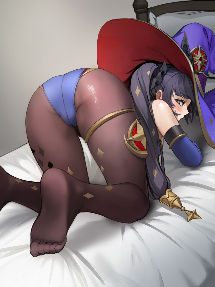 1girl, all_fours, ass, bare_shoulders, black_hair, black_legwear, blush, breasts, elbow_gloves, genshin_impact, gloves, hat, highres, leotard, long_hair, looking_at_viewer, mona_(genshin_impact), pantyhose, solo, sweatdrop, witch_hat, zako8211
