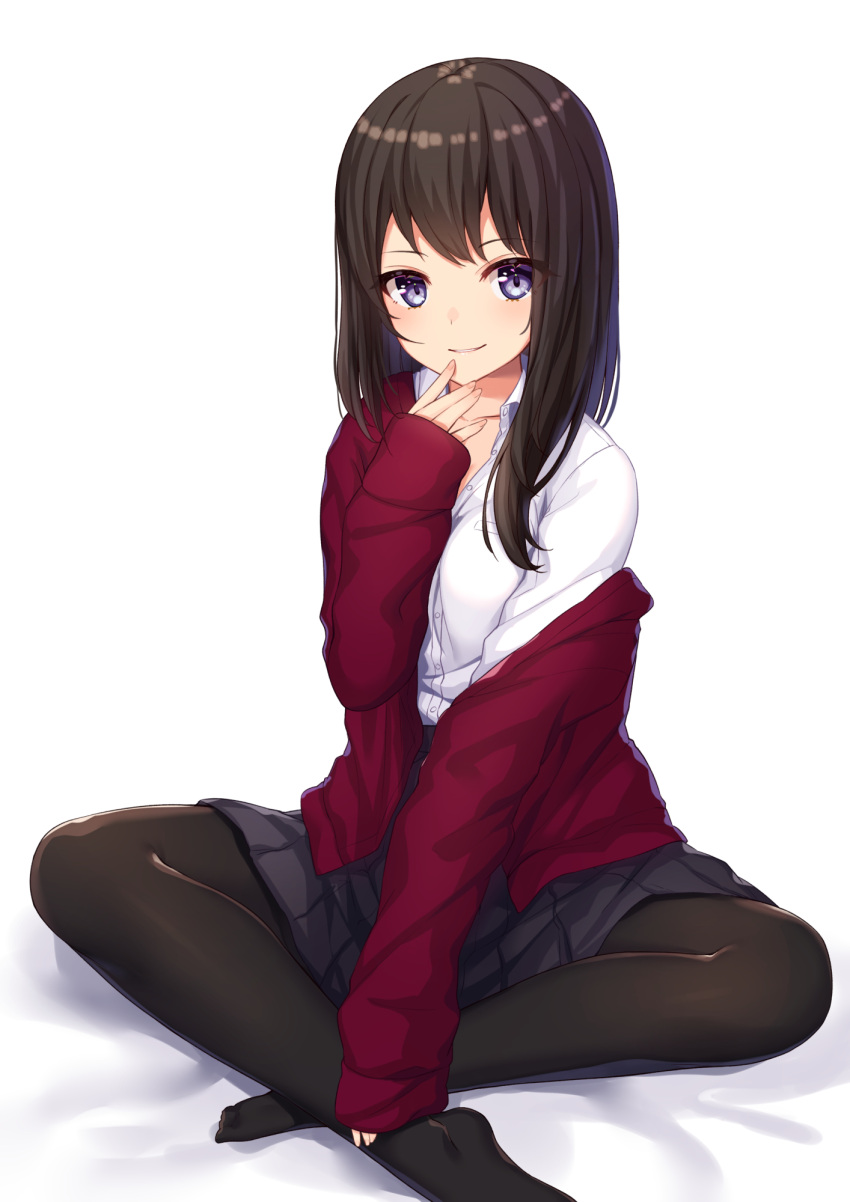 1girl, black_hair, black_legwear, black_skirt, blush, collarbone, eliot_c_f, finger_to_mouth