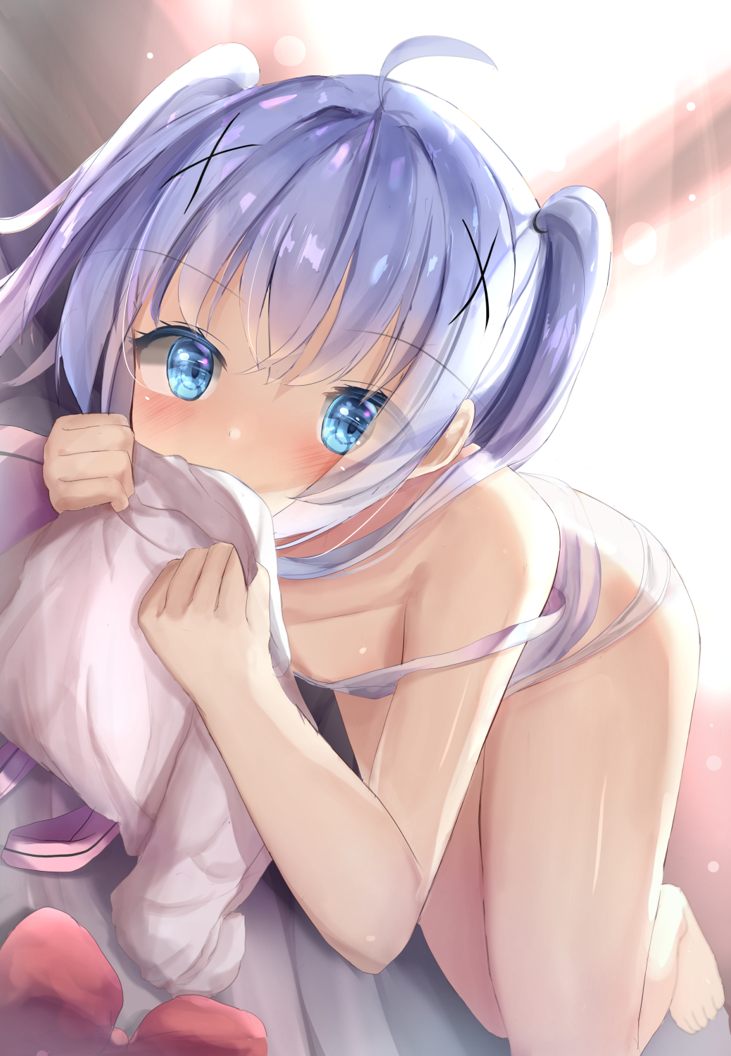 1girl, ahoge, bangs, bare_arms, bare_legs, bare_shoulders, barefoot, blue_eyes
