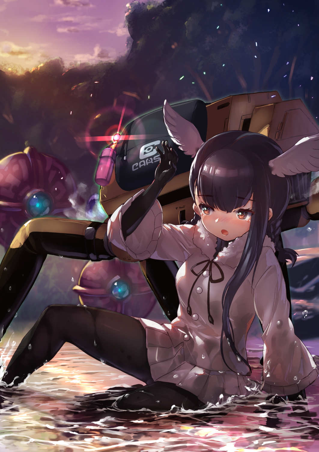 1girl, bangs, bird_girl, bird_wings, black-headed_ibis_(kemono_friends), black_gloves, black_hair, black_legwear, black_neckwear, bow, bowtie, braid, brown_eyes, cellien_(kemono_friends), elbow_gloves, eyebrows_visible_through_hair, flicky_(kemono_friends), frilled_sleeves, frills, fur_collar, gloves, head_wings, highres, jacket, kemono_friends, kemono_friends_3, lens_flare, long_hair, long_sleeves, open_mouth, outdoors, pantyhose, pleated_skirt, robot, skirt, sunset, tadano_magu, twin_braids, water, wet, wet_clothes, white_fur, white_jacket, white_skirt, wide_sleeves, wings