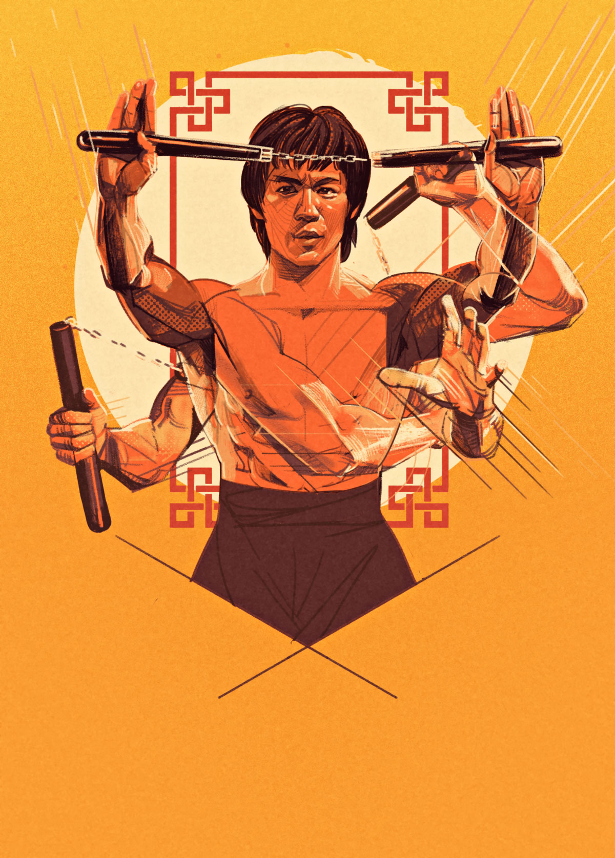 1boy, afterimage, asian, black_hair, bruce_lee, cropped_torso, english_commentary, highres