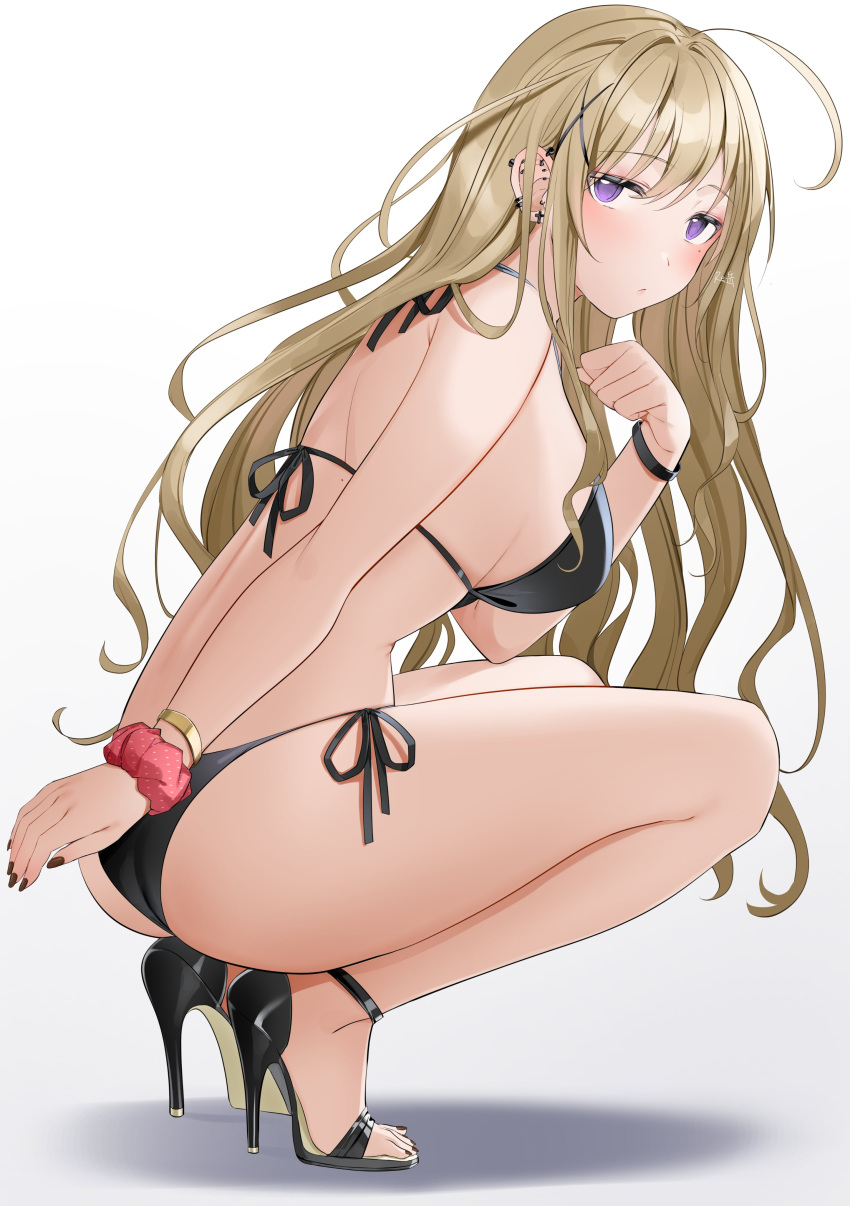 1girl, absurdres, ahoge, bangs, bikini, black_bikini, blonde_hair, blush