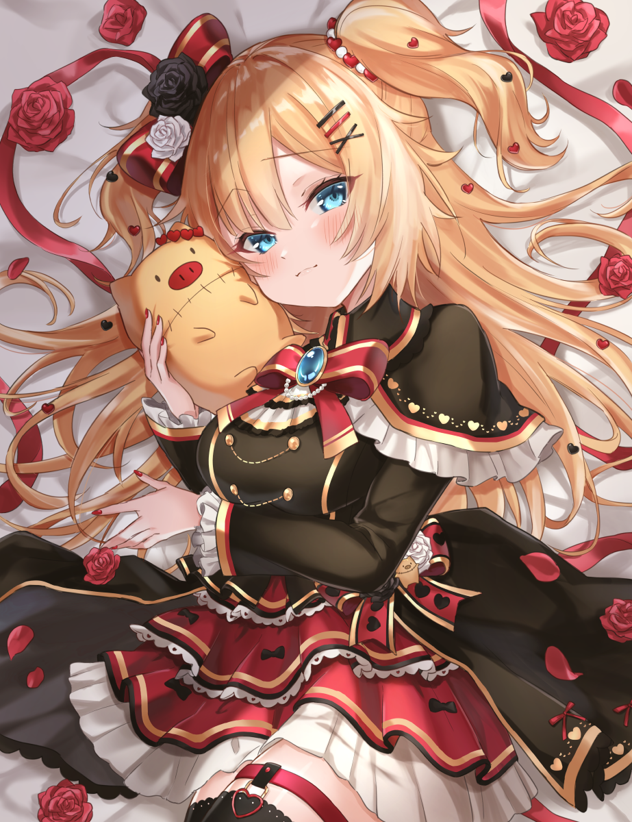 1girl, :|, akai_haato, black_legwear, blonde_hair, blue_eyes, blush, bow
