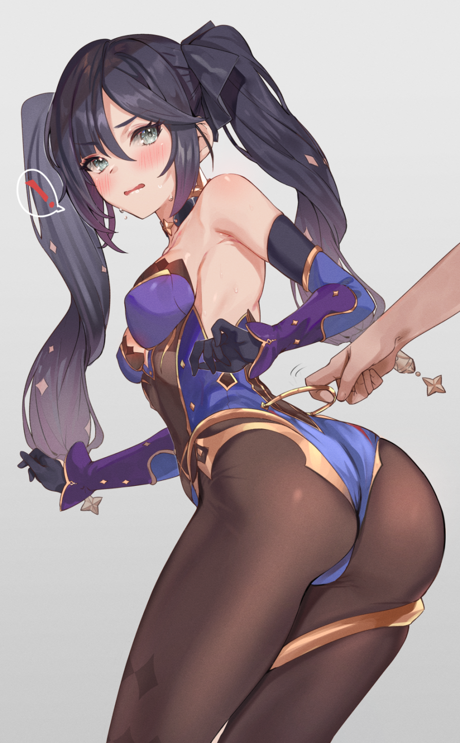 !, 1girl, alracoco, armpits, ass, back, bare_shoulders, black_gloves, black_hair, blue_leotard, bodystocking, breasts, detached_sleeves, earrings, elbow_gloves, genshin_impact, gloves, green_eyes, highres, jewelry, leotard, long_hair, looking_at_viewer, looking_back, medium_breasts, mona_(genshin_impact), open_mouth, solo_focus, star_(symbol), star_earrings, thighlet, thighs, twintails
