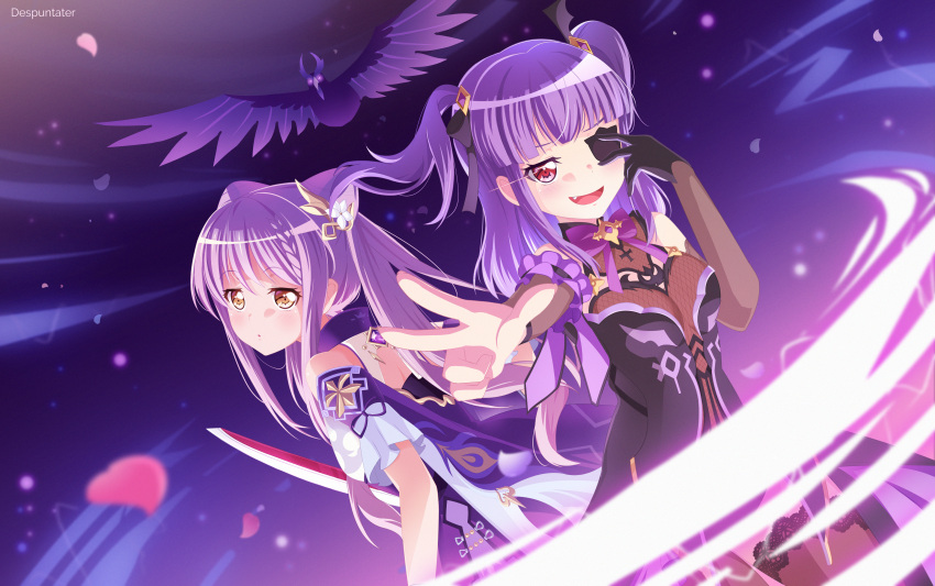 2girls, :d, absurdres, artist_name, bang_dream!, bangs, bare_shoulders, bird