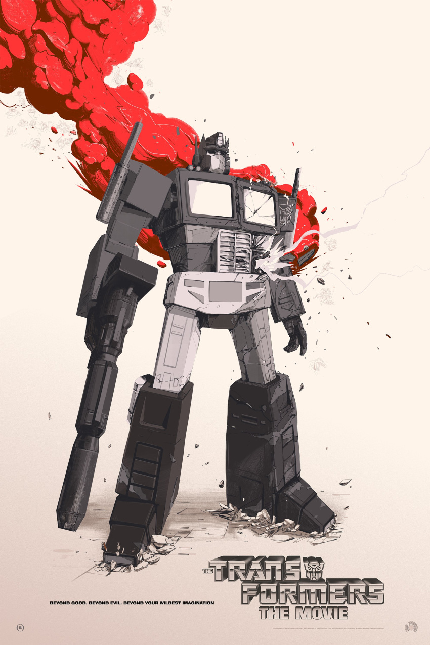 1boy, absurdres, autobot, beige_background, black_eyes, copyright_name, damaged, english_text, gun, highres, holding, holding_gun, holding_weapon, mecha, no_humans, oliver_barrett, open_hand, optimus_prime, poster_(medium), smoke, solo, standing, transformers, weapon