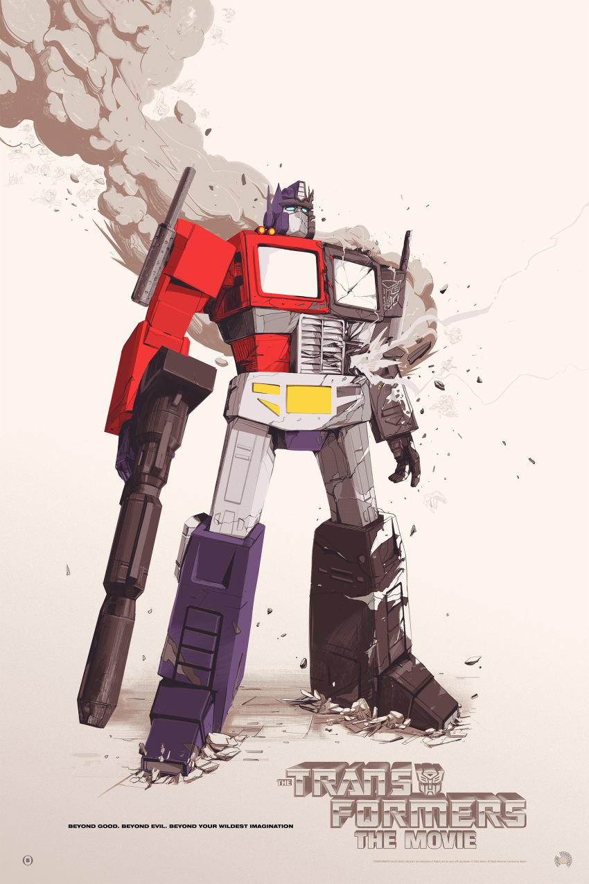 1boy, absurdres, autobot, beige_background, blue_eyes, copyright_name, damaged, english_text