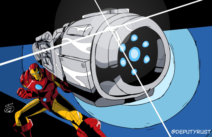 1boy, artist_name, blue_eyes, clenched_hand, dated, deputy_rust, english_commentary, gun, highres, holding, holding_gun, holding_weapon, iron_man, looking_at_viewer, male_focus, marvel, marvel_vs._capcom, power_armor, science_fiction, shiny, solo, superhero, weapon