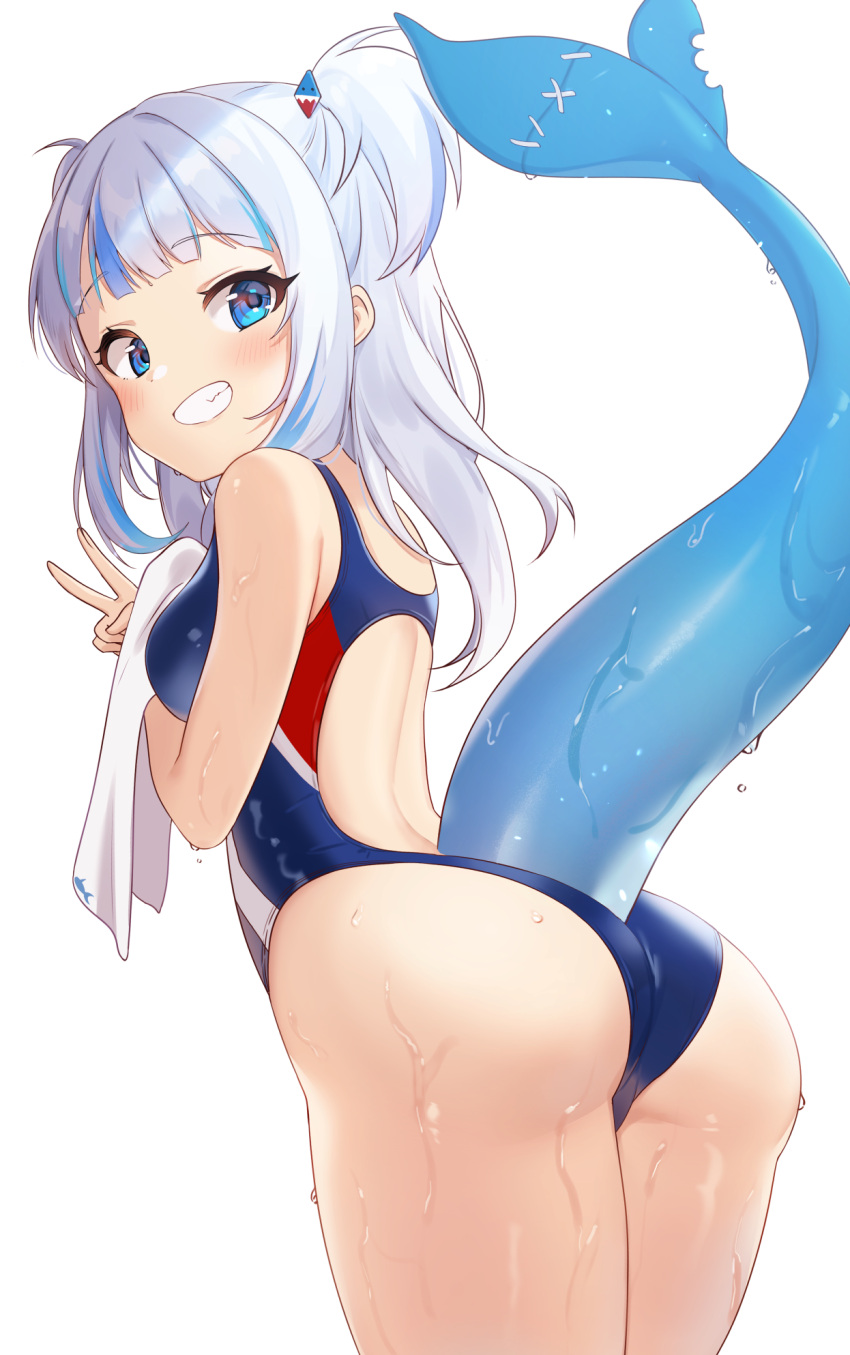 1girl, ass, backless_swimsuit, bare_arms, bare_shoulders, blue_eyes, blue_swimsuit, breasts