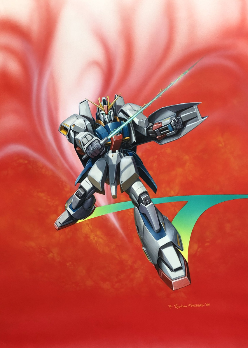 1980s_(style), artist_name, beam_saber, clenched_hand, cover, green_eyes, gundam, highres, holding, holding_shield, holding_sword, holding_weapon, looking_at_viewer, magazine_cover, mecha, no_humans, official_art, retro_artstyle, ryukow_masseau, science_fiction, shield, solo, sword, textless, v-fin, weapon, zeta_gundam, zeta_gundam_(mobile_suit)