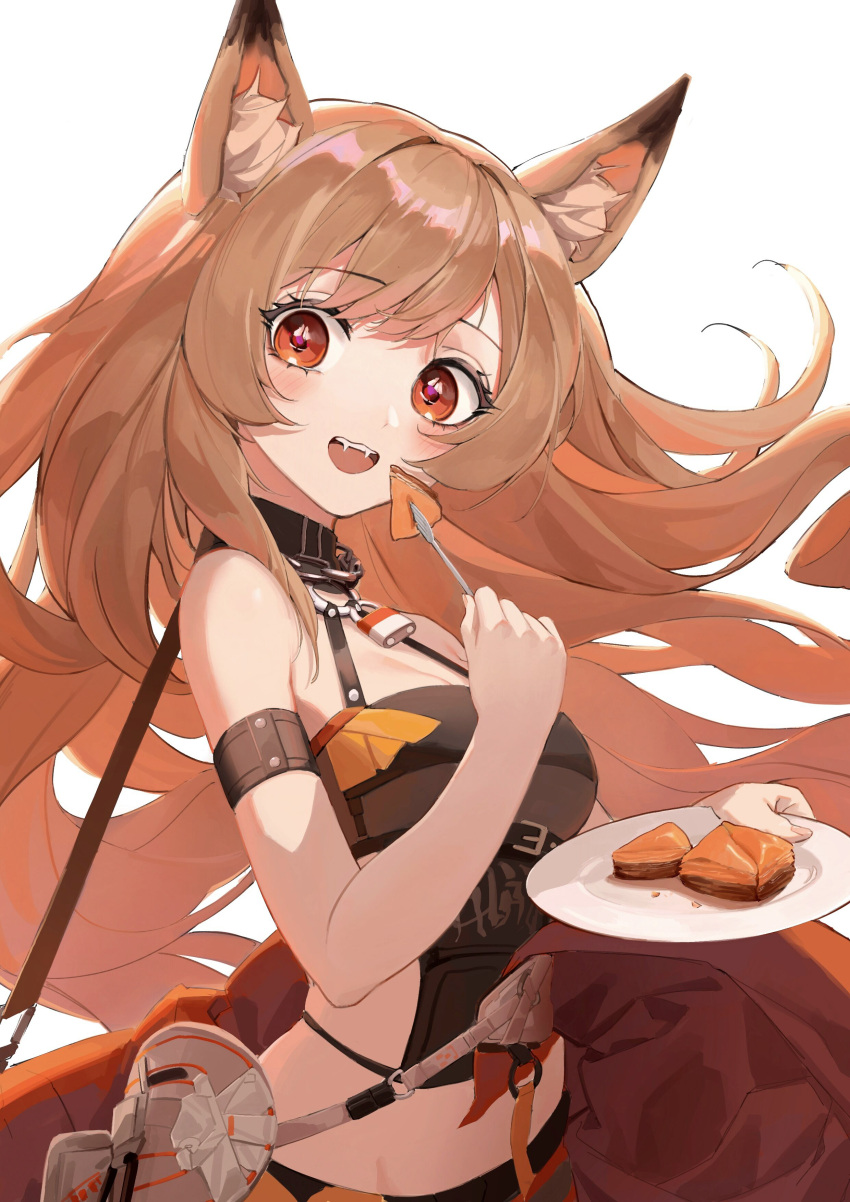 1girl, absurdres, animal_ear_fluff, animal_ears, arknights, arm_up, armband, baklava, black_shirt, blush, brown_hair, cake, ceobe_(arknights), ceobe_(summer_flowers)_(arknights), dog_ears, eating, fangs, food, fork, highres, holding, holding_fork, holding_plate, lock, long_hair, looking_at_viewer, official_alternate_costume, open_mouth, padlock, plate, red_eyes, rui_(rei_leyi), shirt, simple_background, solo, standing, very_long_hair, white_background