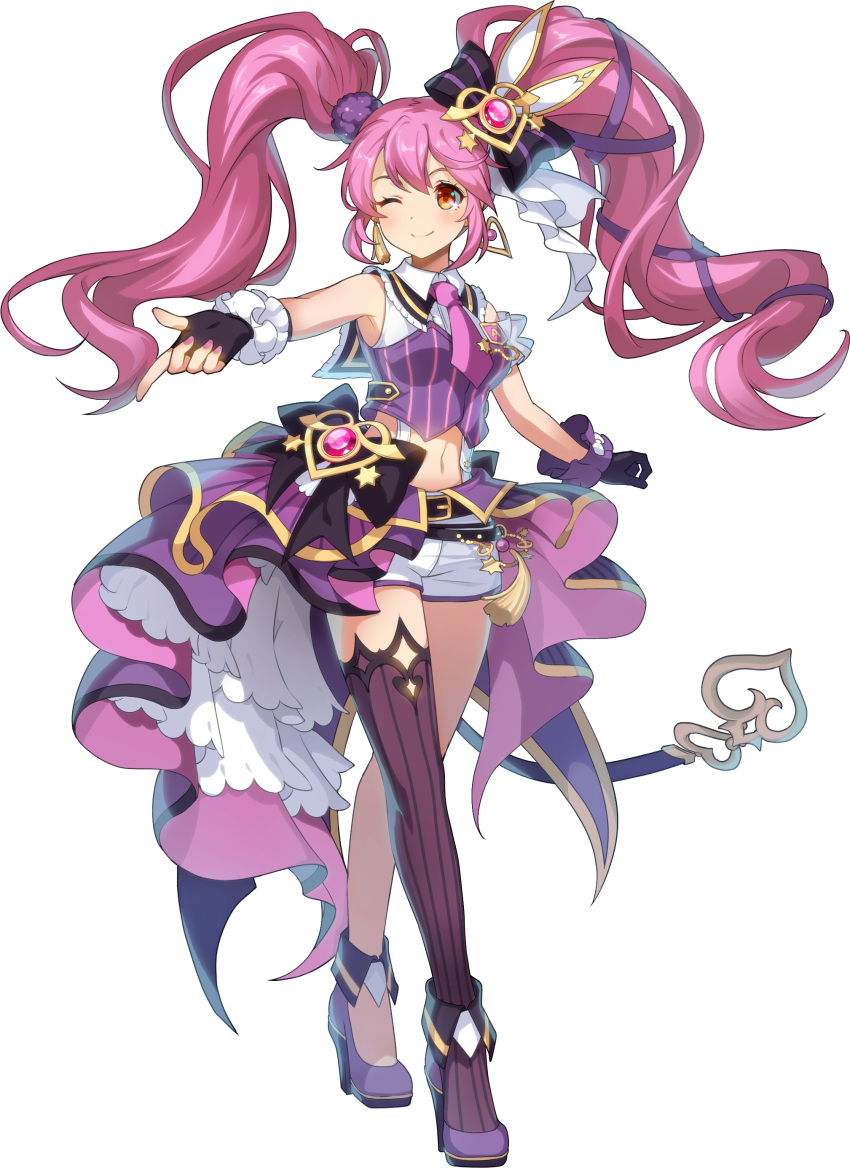1girl, absurdres, amy_(grand_chase), arm_garter, armpits, asymmetrical_gloves, bare_shoulders, belt, black_bow, black_gloves, black_legwear, bow, breasts, closed_mouth, collared_shirt, crop_top, crop_top_overhang, crossed_legs, earrings, finger_gun, fingerless_gloves, full_body, gloves, grand_chase, hair_bow, high_heels, highres, jewelry, long_hair, looking_at_viewer, medium_breasts, midriff, nail_polish, navel, necktie, official_art, one_eye_closed, orange_eyes, outstretched_arms, pink_hair, pink_nails, purple_footwear, purple_shirt, shirt, shoes, short_necktie, short_shorts, shorts, sidelocks, single_thighhigh, sleeveless, sleeveless_shirt, smile, solo, standing, stomach, striped, striped_legwear, striped_shirt, suspenders, tail, thigh-highs, thighs, transparent_background, twintails, waist_cape, watson_cross, white_shorts, wrist_cuffs