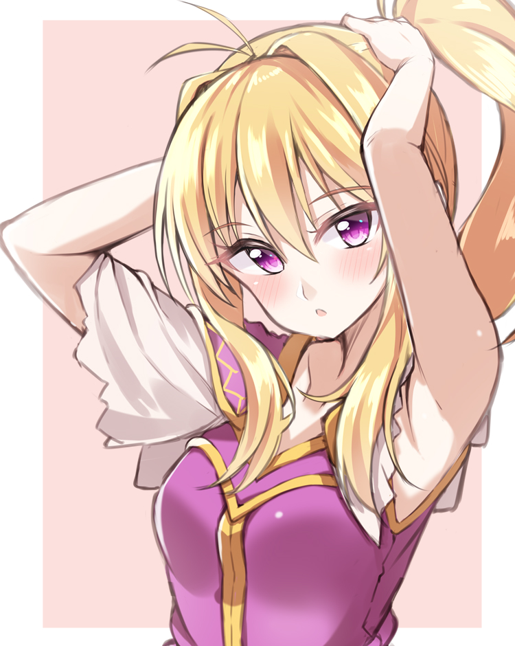 1girl, ahoge, armpits, arms_up, blonde_hair, blouse, blush, breasts