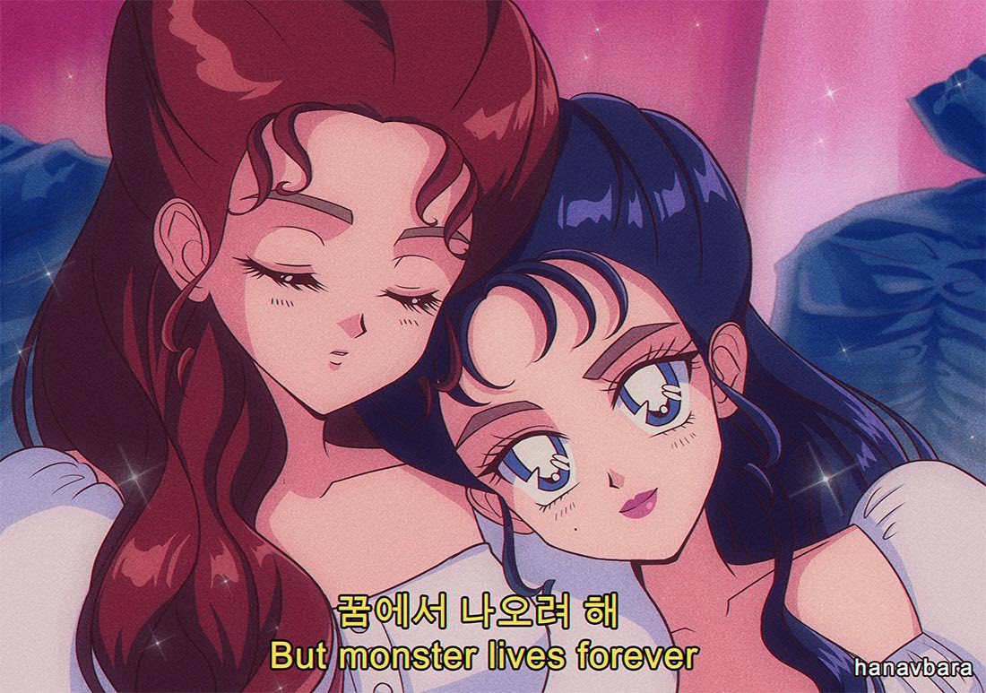 1980s_(style), 2girls, artist_name, blue_eyes, blue_hair, closed_eyes, dress, english_commentary, english_text, hair_behind_ear, hanavbara, irene_(red_velvet), korean_text, leaning_on_person, looking_at_viewer, mole, mole_under_eye, multiple_girls, parted_lips, real_life, red_velvet_(group), redhead, retro_artstyle, seulgi_(red_velvet), sleeping, smile, subtitled, white_dress
