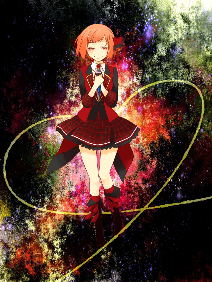 1girl, akb0048, black_footwear, blush, boots, bow, brown_eyes, brown_hair