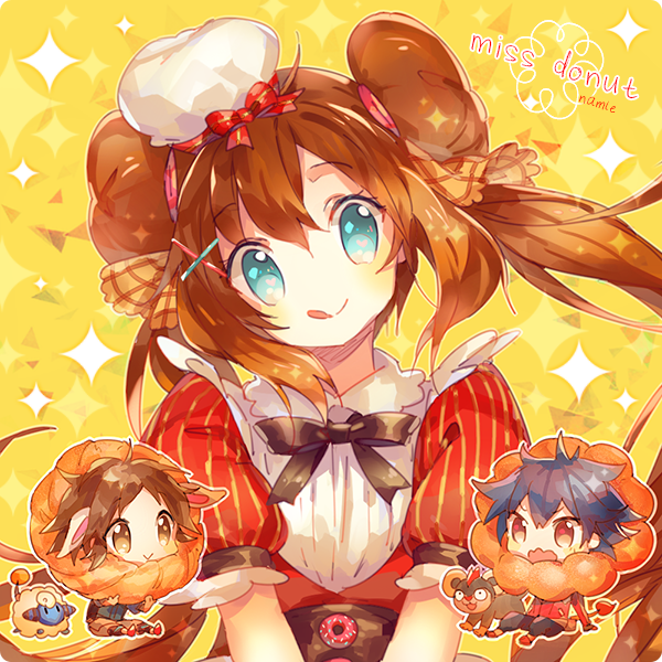 1girl, 2boys, black_hair, blue_eyes, brown_hair, chibi, commentary_request, double_bun