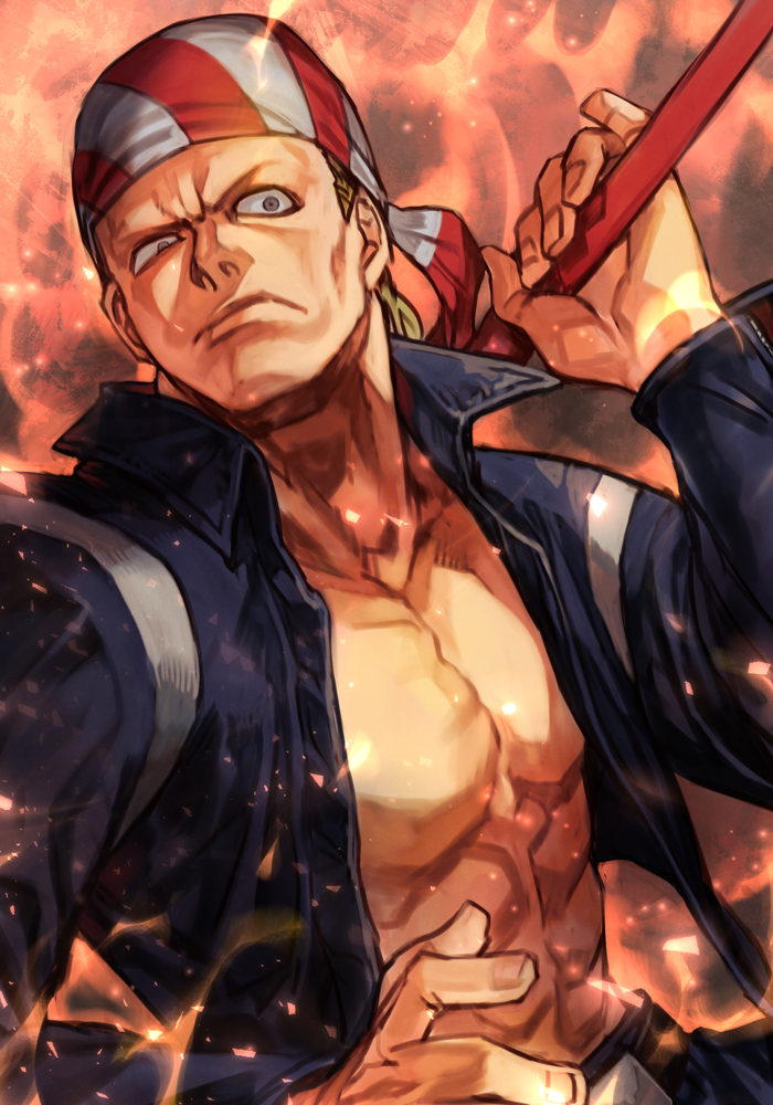 1boy, abs, bandana, belt, billy_kane, blonde_hair, fatal_fury, fire