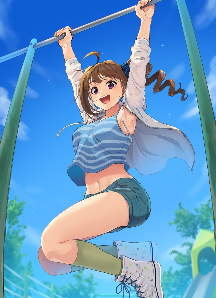 1girl, :d, ahoge, armpits, arms_up, bangs, blue_shirt, blue_shorts