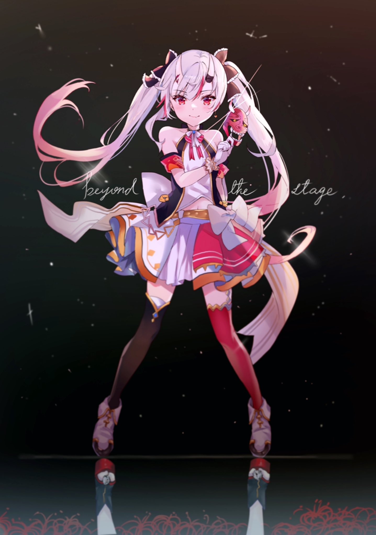 1girl, armband, black_background, black_legwear, blush, bow, breasts, closed_mouth, commentary, cursive, english_commentary, english_text, eyebrows_visible_through_hair, floating_hair, frilled_skirt, frills, gloves, gradient_hair, hair_ribbon, highres, holding, holding_mask, hololive, horns, large_bow, long_hair, looking_at_viewer, mask, midriff, mismatched_legwear, multicolored_hair, nakiri_ayame, nana_kagura, navel, official_alternate_costume, oni_horns, oni_mask, pink_hair, red_eyes, red_legwear, redhead, reflection, reflective_floor, ribbon, shirt, silver_hair, simple_background, skirt, sleeveless, sleeveless_shirt, small_breasts, smile, solo, streaked_hair, thigh-highs, twintails, virtual_youtuber, white_bow, white_gloves, white_shirt, white_skirt, zettai_ryouiki
