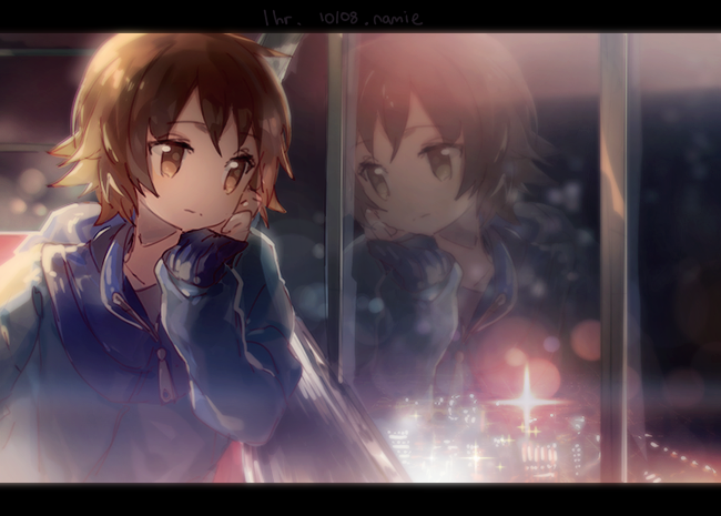 1boy, brown_eyes, brown_hair, commentary_request, ferris_wheel, hilbert_(pokemon), letterboxed, light, long_sleeves, male_focus, namie-kun, nimbasa_city, pokemon, pokemon_(game), pokemon_bw, solo, upper_body, zipper