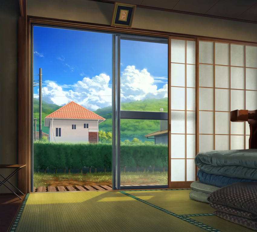 cumulonimbus_cloud, day, futon, hedge_(plant), karanagi, no_humans, original, scenery