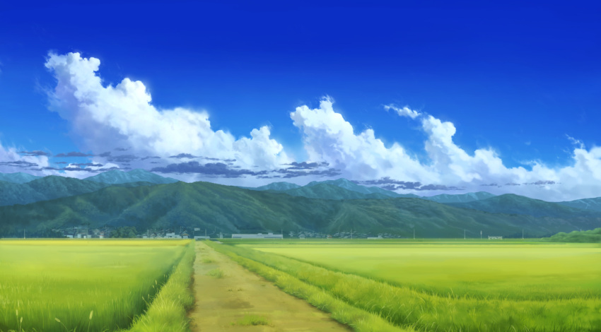 clouds, commentary, day, highres, karanagi, mountain, mountainous_horizon, no_humans, original, outdoors, path, rice_paddy, scenery