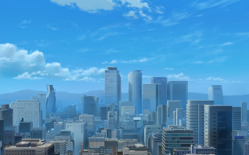 absurdres, building, cityscape, clouds, commentary, day, highres, karanagi, nagoya_(city), no_humans, original, outdoors, scenery, sky, skyscraper