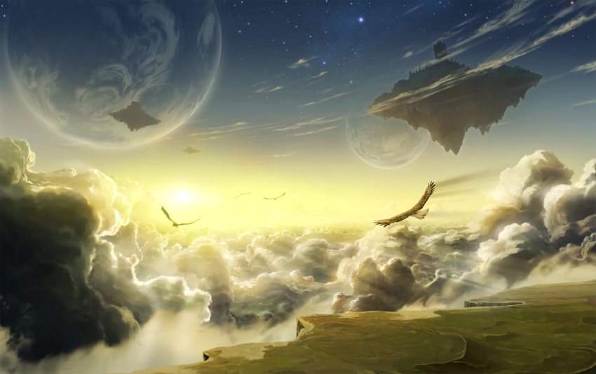 absurdres, bird, clouds, commentary, floating_island, flying, highres, karanagi