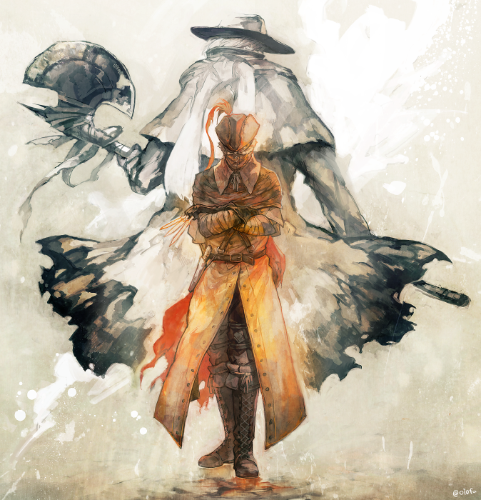 2boys, axe, bandages, belt, bloodborne, boots, cloak, coat