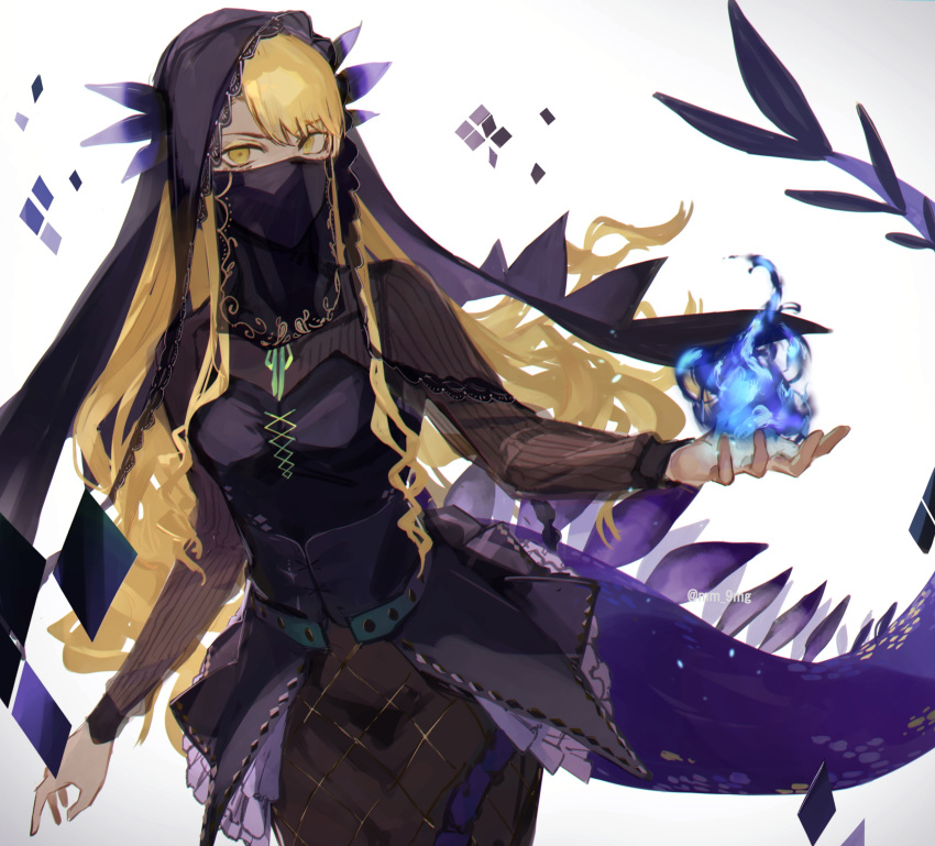 1girl, absurdres, bangs, black_dress, blonde_hair, blue_fire, breasts, brown_eyes, dragon_girl, dragon_horns, dragon_tail, dress, facial_mark, fate/grand_order, fate_(series), fire, gradient, gradient_background, green_ribbon, highres, horns, large_breasts, long_hair, long_sleeves, looking_at_viewer, mg_(ehme3725), mouth_veil, neck_ribbon, ribbon, swept_bangs, tail, veil, vritra_(fate)